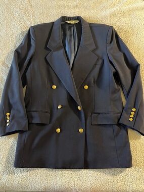 Austin Reed Navy 100% Wool Double-Breasted Blazer with Gold Buttons Size 14